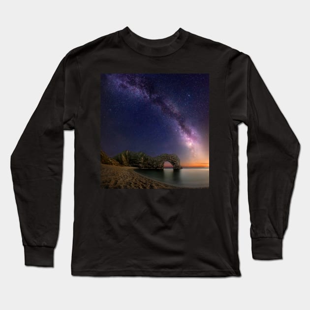 Milky Way over Durdle Door Rocks Long Sleeve T-Shirt by TonyNorth